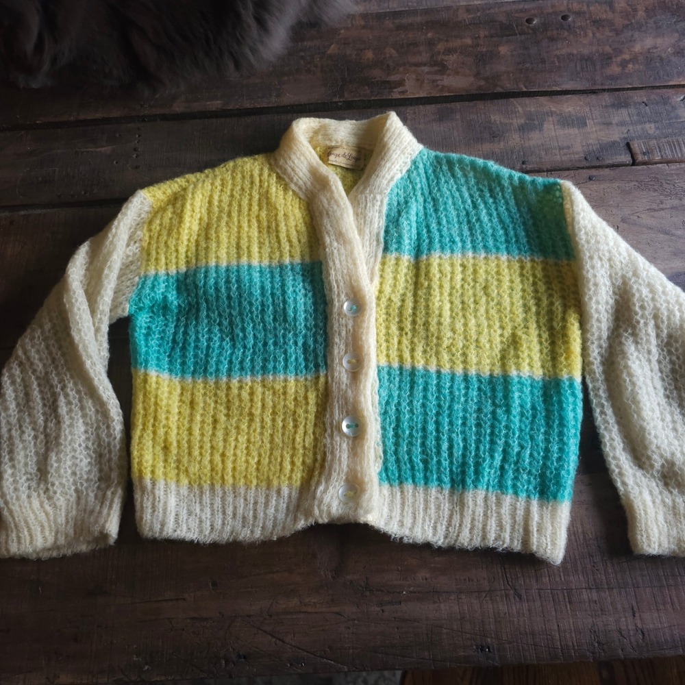Vintage Loupe de Loupe Mohair Wool Striped Cardigan Sweater Yellow Teal Blue 70s